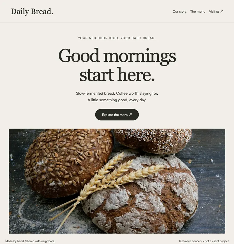 Concept website for a neighborhood bakery, with a large bread photograph and a clear menu link